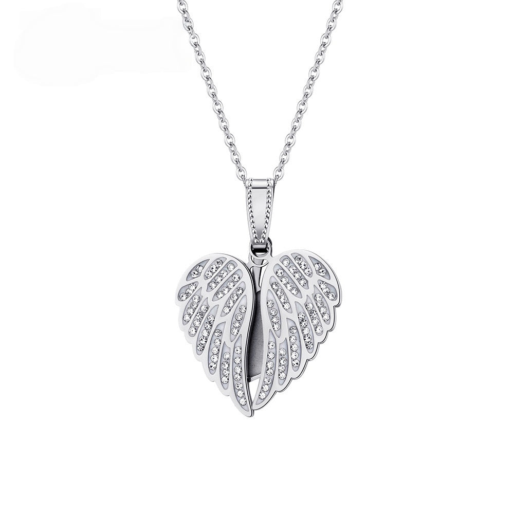 Blank silver zircon inlaid angel wing heart locket, personalized photo necklace base pendant