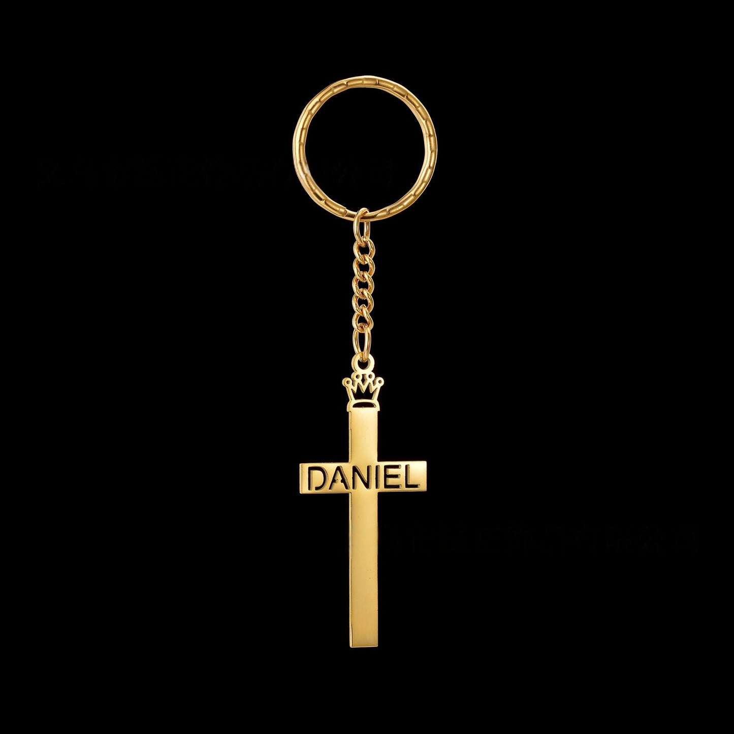 Bold uppercase custom name gold cross keychain, personalized christian key ring gift for men