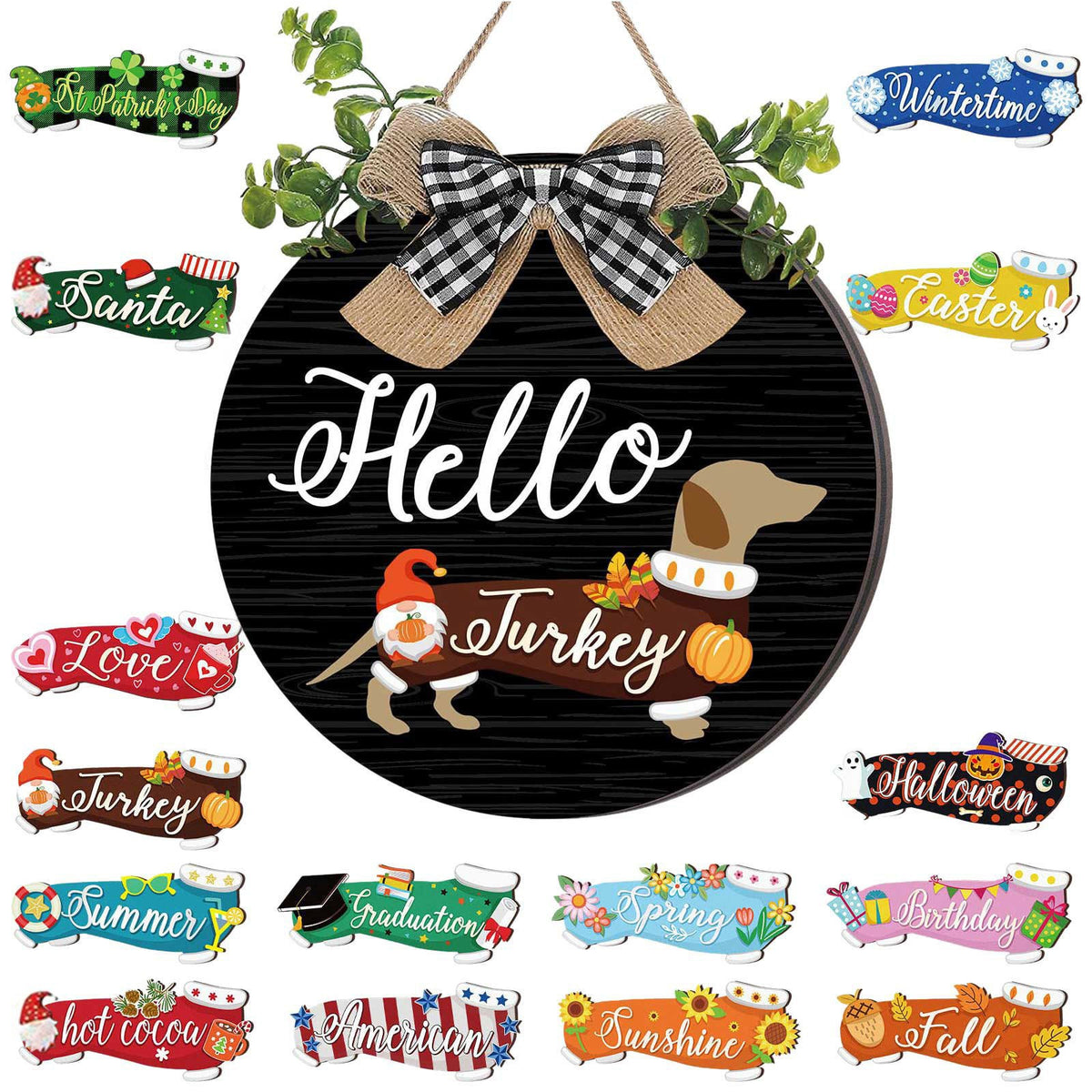 All seasonal wooden cutouts collection for interchangeable dachshund hello welcome door sign, holiday decoration pieces