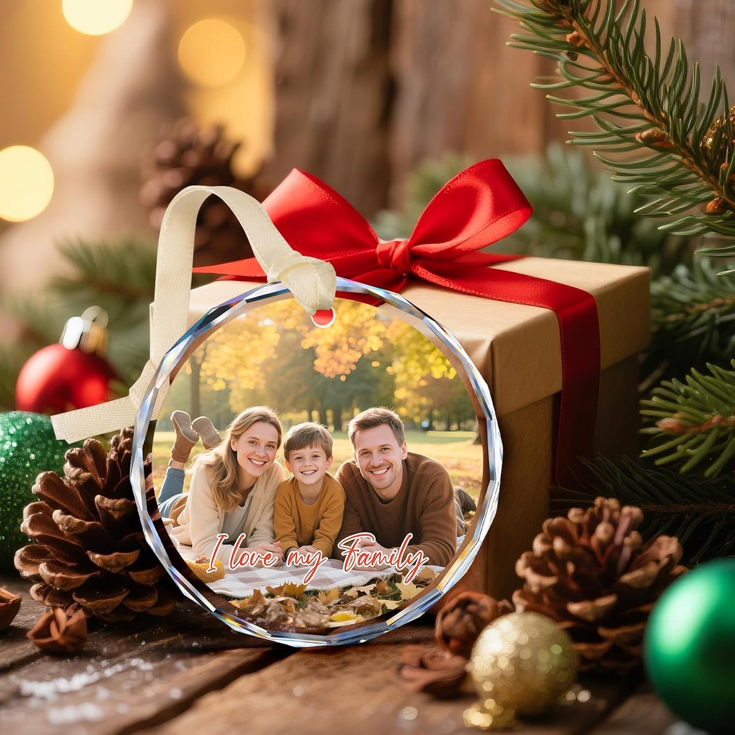 Custom family photo crystal ornament holiday Christmas gift decor scene