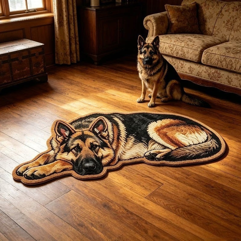 Custom German Shepherd dog faux cashmere shaped rug, personalized pet photo floor mat gift