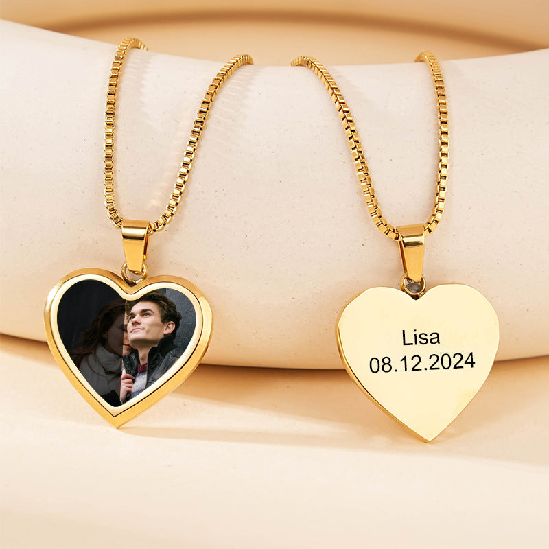 Gold titanium steel heart necklace set with heat activated hidden picture and custom engraved text for sentimental gift
