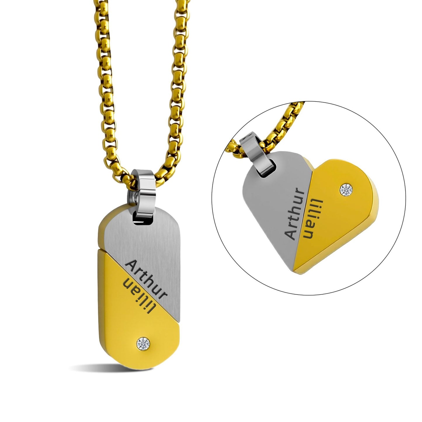 Macro Shot Gold Silver Split Heart Half Heart Dog Tag Custom Engraved Name Couple Symbol Matching Jewelry