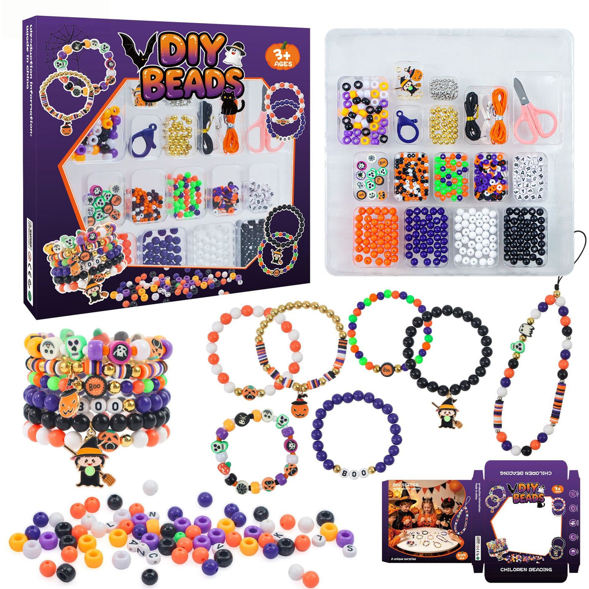Halloween DIY bead jewelry making kit with assorted resin beads, spooky pumpkin skull charms and craft tools for bracelet and necklace making