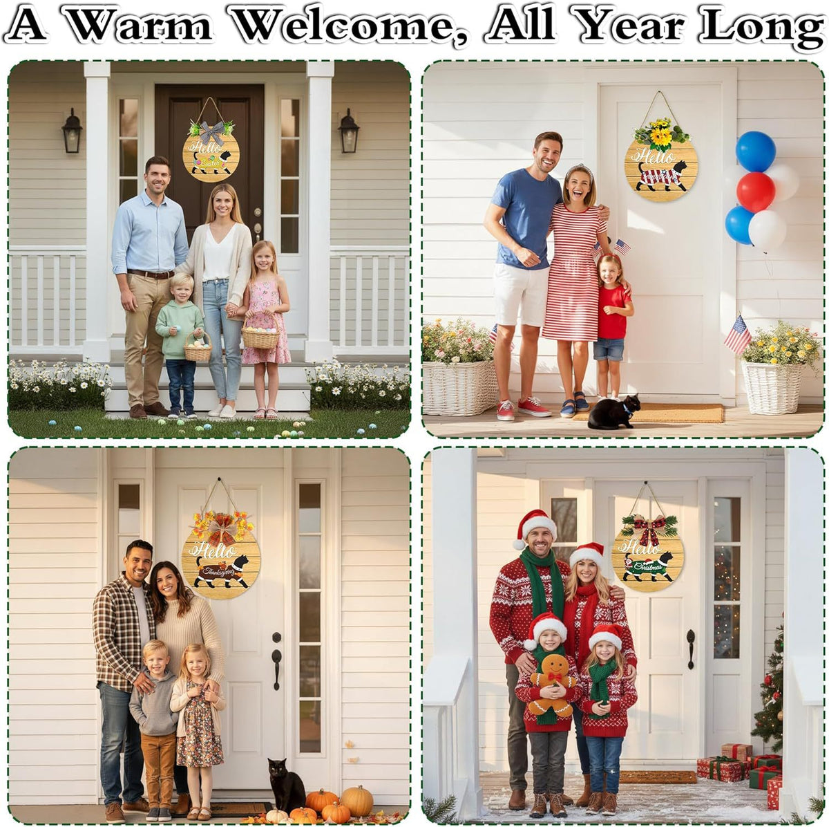Interchangeable cat hello wooden welcome sign displayed on front door for different holidays, family farmhouse porch decor all year round