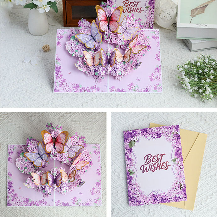 Purple butterfly pop up greeting card set scene display
