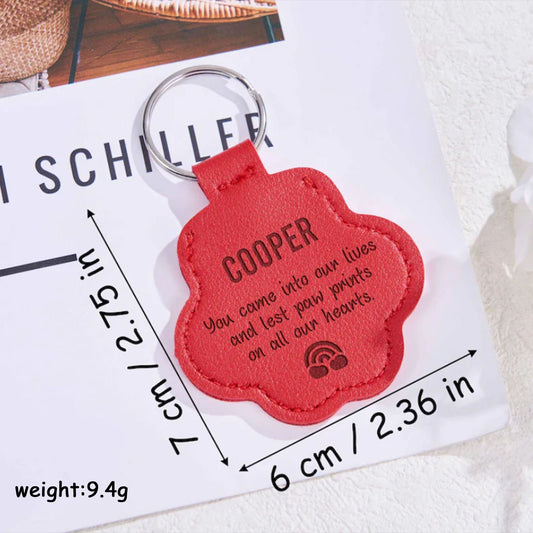 Red Paw Print Leather Pet Keychain Custom Engraved Name, Pet Loss Memorial Keepsake