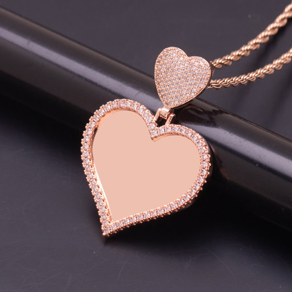Rose Gold Polished Brass Stacked Two Hearts Photo Necklace Cubic Zirconia Edged Hollow Heart For Personalized Picture Insert Daily Wear Pendant