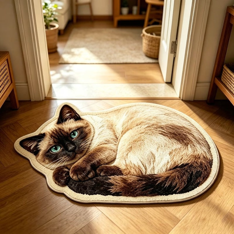 Custom Siamese cat portrait faux cashmere rug, personalized pet photo shaped floor mat for living room