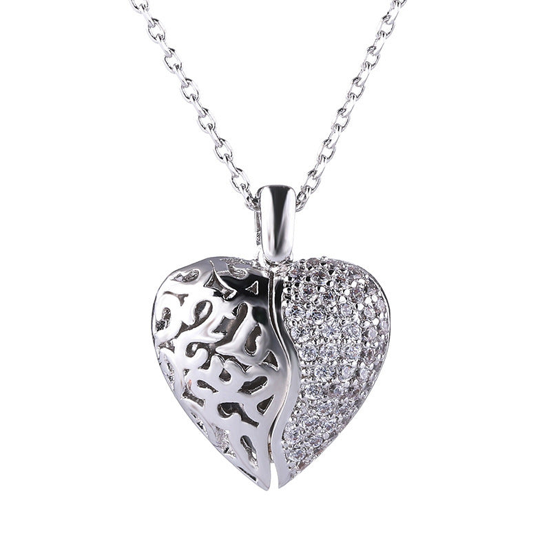 Silver Two-Sided Hollow & Paved Cubic Zirconia Heart Locket Brass Guardian Angel Wing Sentimental Women Pendant