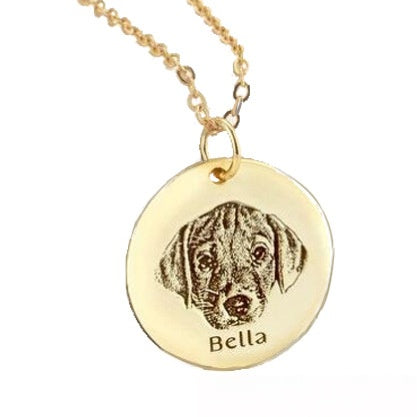 Gold personalized engraved dog photo pendant, custom name round stainless steel memorial necklace