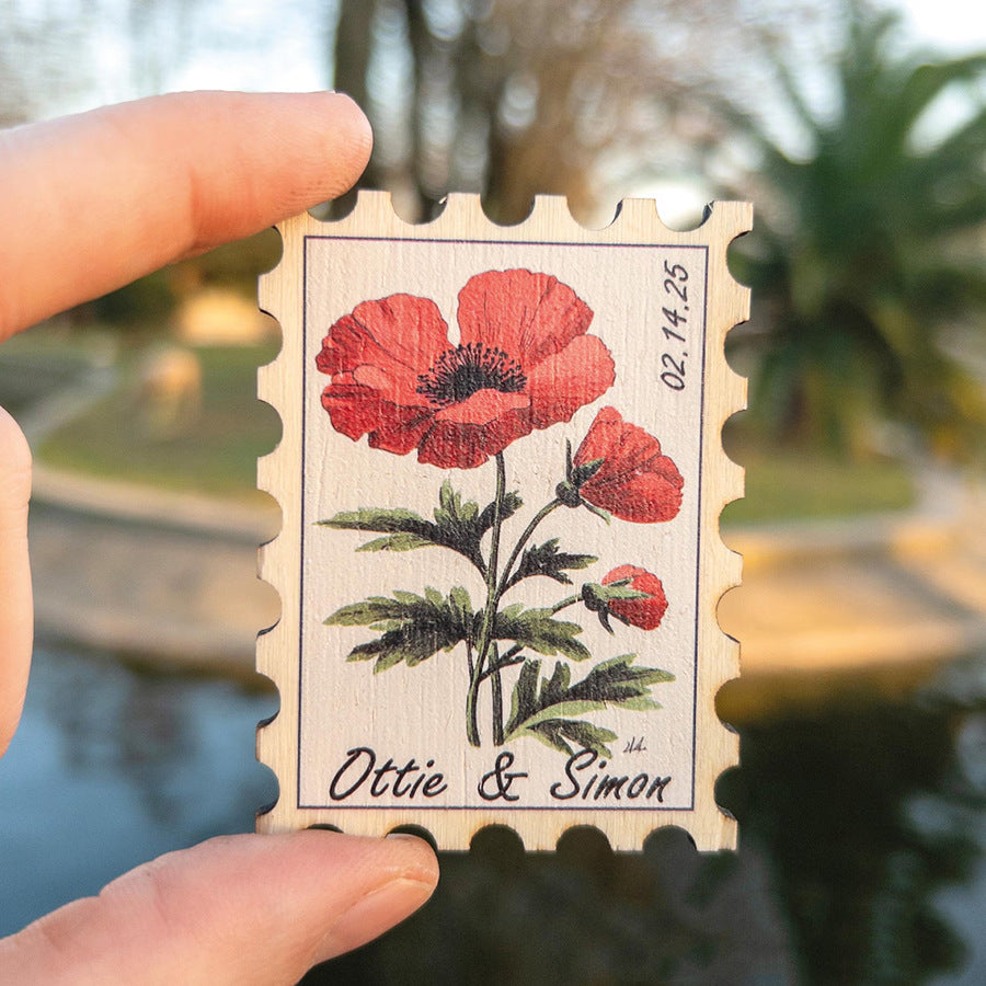 Wildflower botanical wooden stamp shaped fridge magnet wedding guest gift
