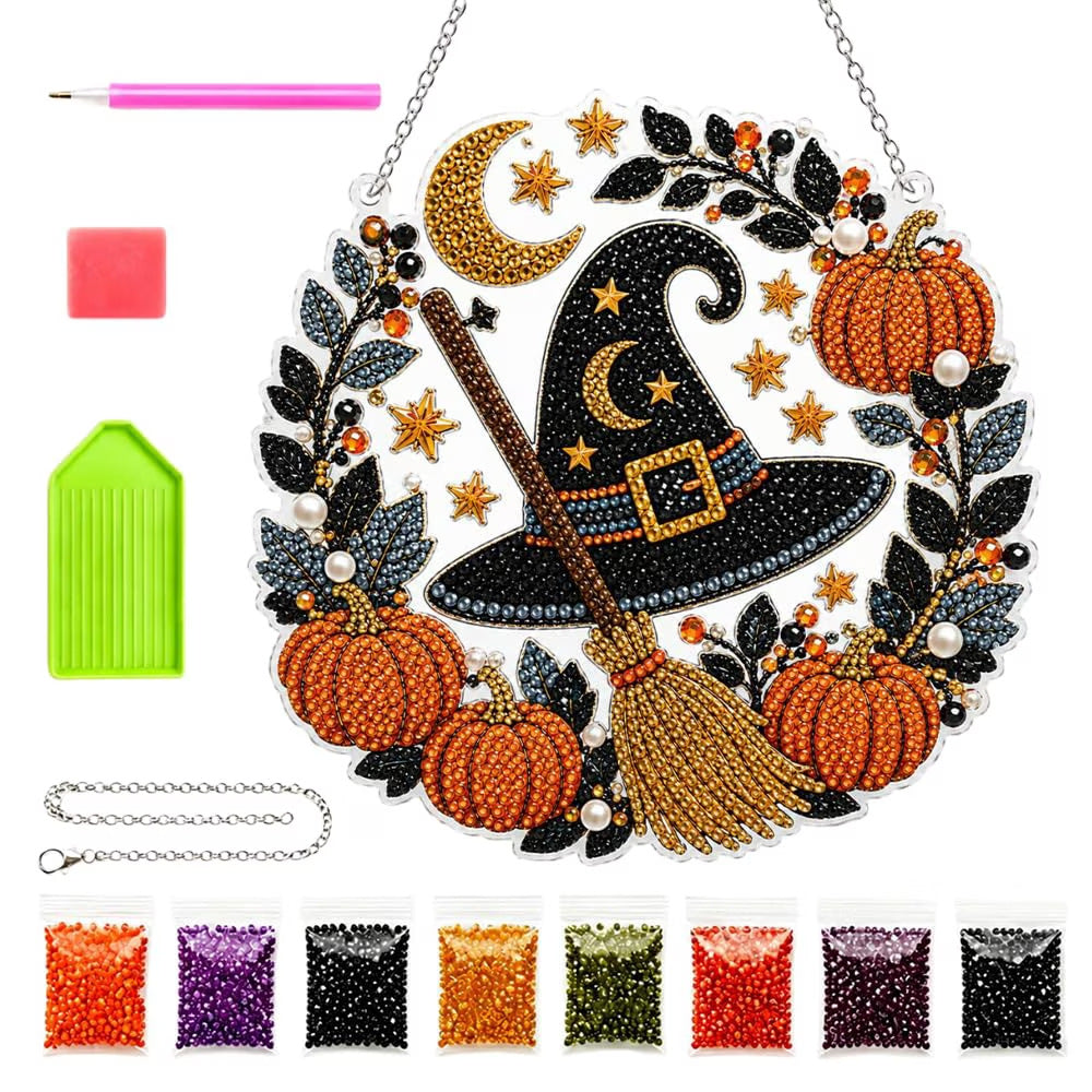 Witch hat broom diamond painting wreath complete DIY craft kit with tools