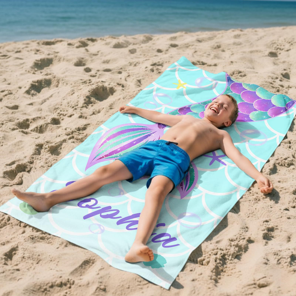 Personalized Mermaid Tail Beach Towel Custom Name Kids Microfiber Pool Towel