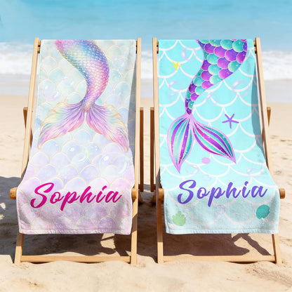 Personalized Mermaid Tail Beach Towel Custom Name Kids Microfiber Pool Towel