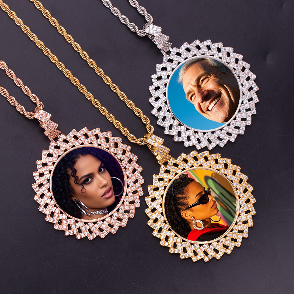 44MM Geometric Sunburst CZ Custom Photo Medallion Necklace Picture Pendant