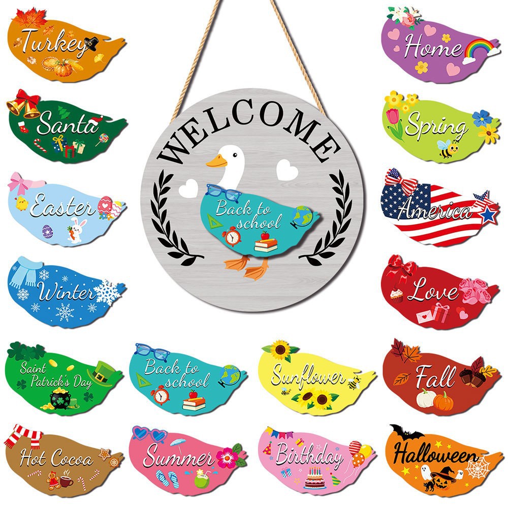 Interchangeable Duck Welcome Wooden Sign | All-Season Front Door Porch Hanging Decor