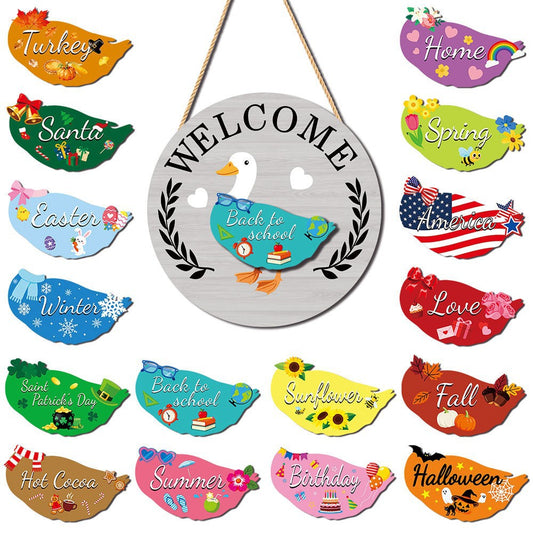 Interchangeable Duck Welcome Wooden Sign | All-Season Front Door Porch Hanging Decor