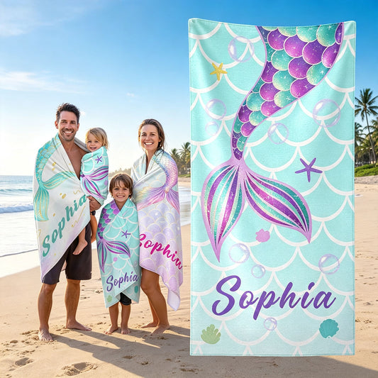 Personalized Mermaid Tail Beach Towel Custom Name Kids Microfiber Pool Towel