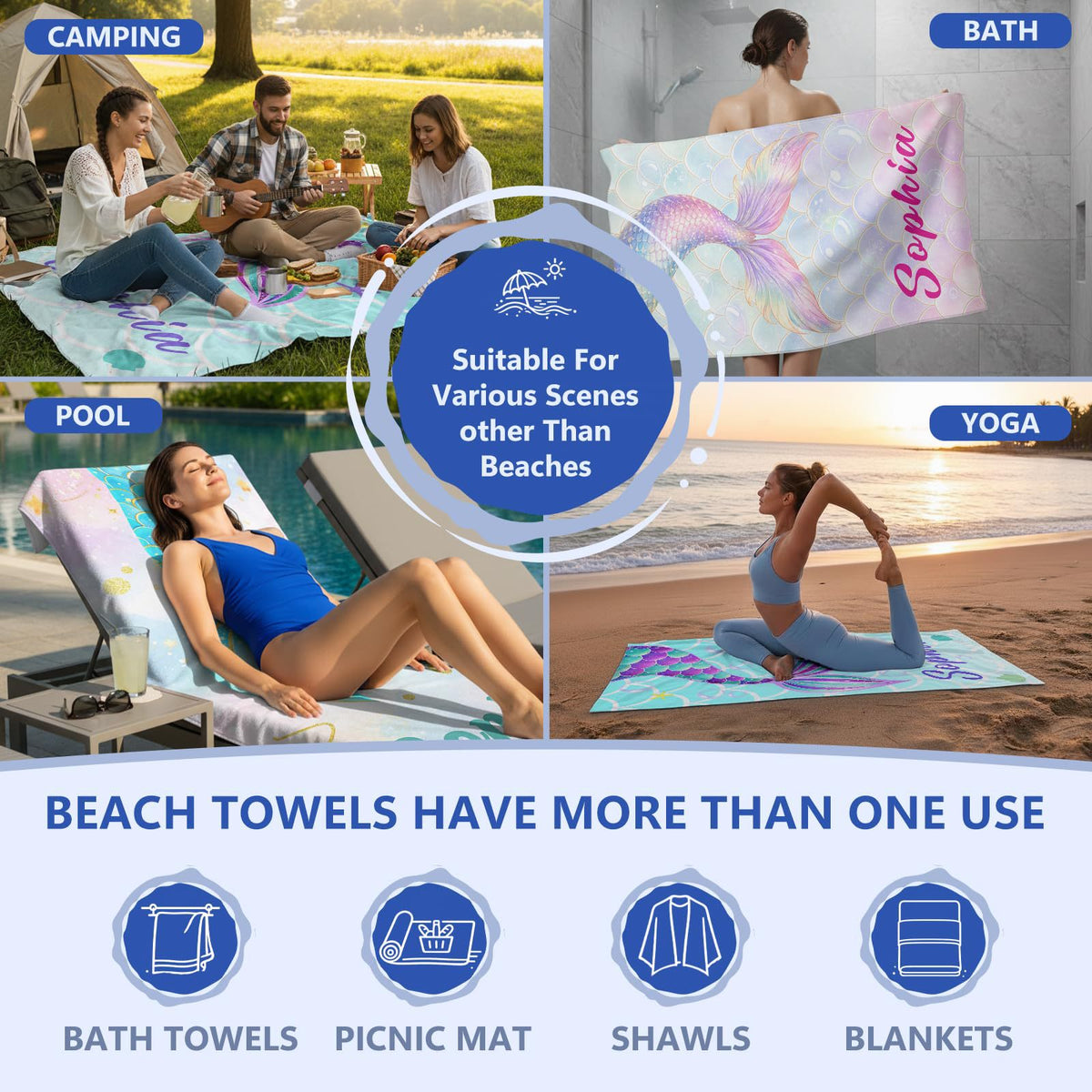 Personalized Mermaid Tail Beach Towel Custom Name Kids Microfiber Pool Towel