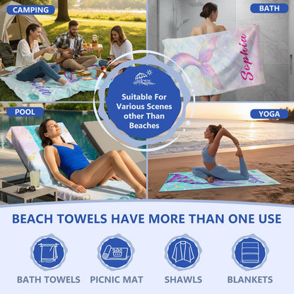 Personalized Mermaid Tail Beach Towel Custom Name Kids Microfiber Pool Towel