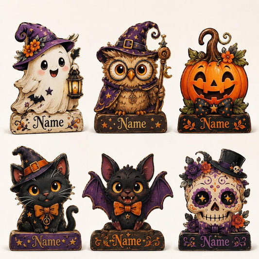 Personalized Halloween Custom Name Cute Ghost Cat Owl Pumpkin Bat Sugar Skull Decor