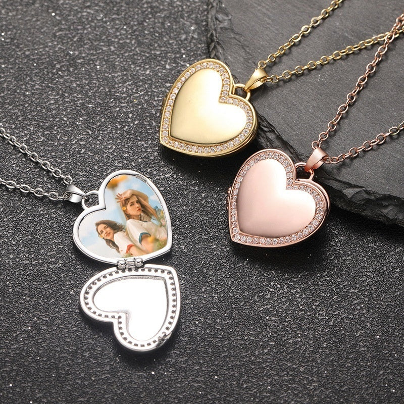 Gold Rose Gold Silver Brass Bezel Cubic Zirconia Rim Heart Open Photo Locket Necklace Custom Picture Memory Keepsake Jewelry for Women