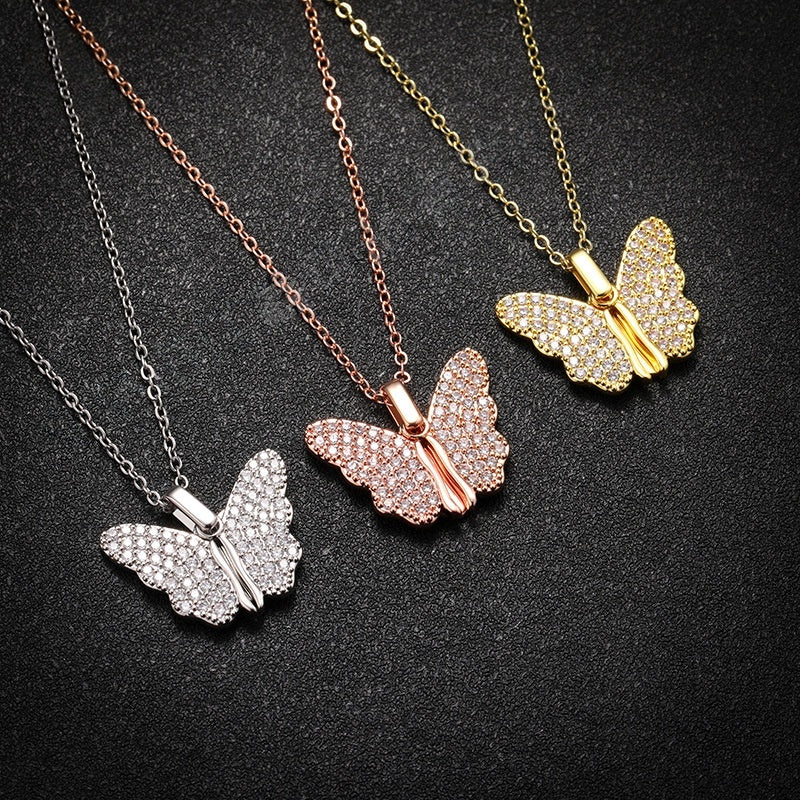 Gold Rose Gold Silver Brass Cubic Zirconia Paved Butterfly Open Locket Necklace Personalized Engraved Memorial Jewelry for Women