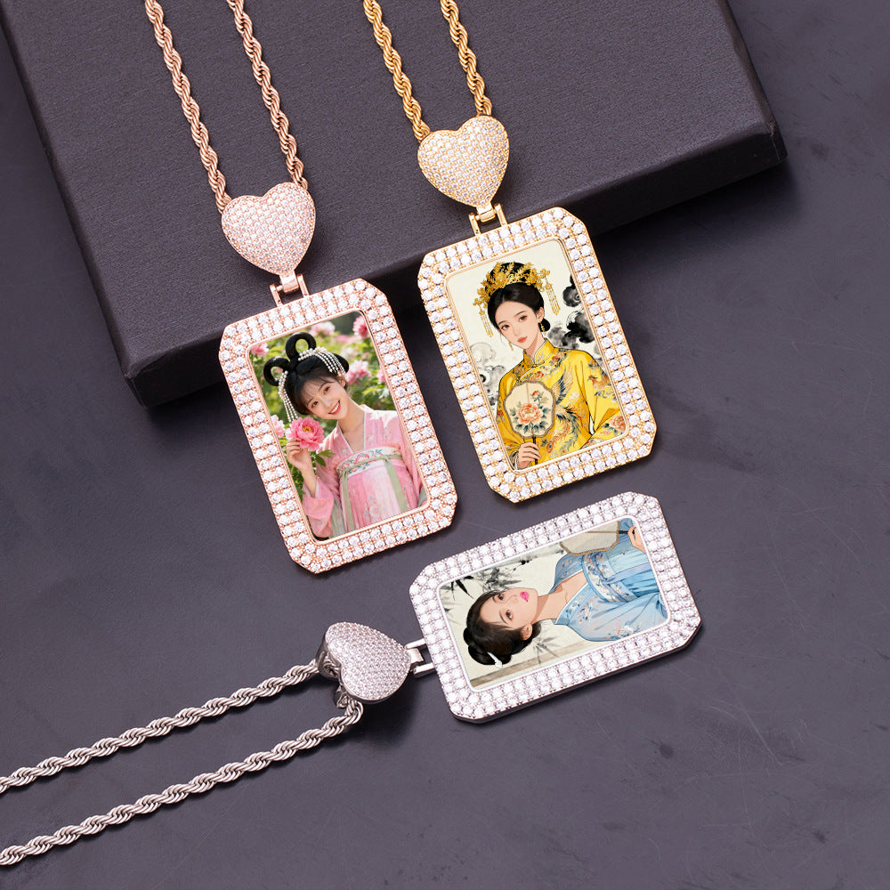 Silver gold rose gold zirconia dog tag photo pendants set, unisex custom memory portrait jewelry for couples friends