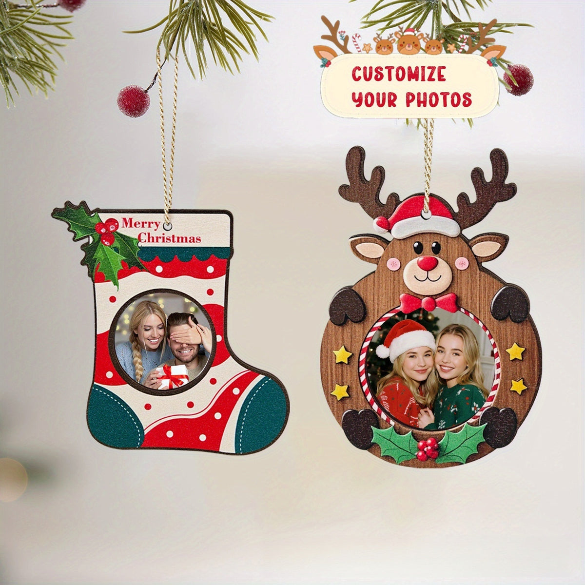 3 Styles Custom Photo Wooden Christmas Ornament, Santa Reindeer Stocking Hanging Decor