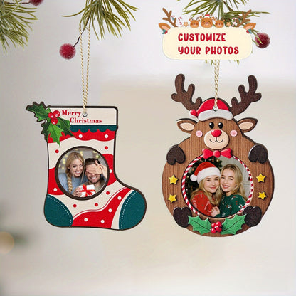 3 Styles Custom Photo Wooden Christmas Ornament, Santa Reindeer Stocking Hanging Decor