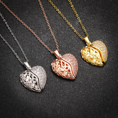 Gold Rose Gold Silver Brass Cubic Zirconia Two-Sided Angel Wing Heart Locket Necklace Personalized Engravable Memorial Jewelry for Women