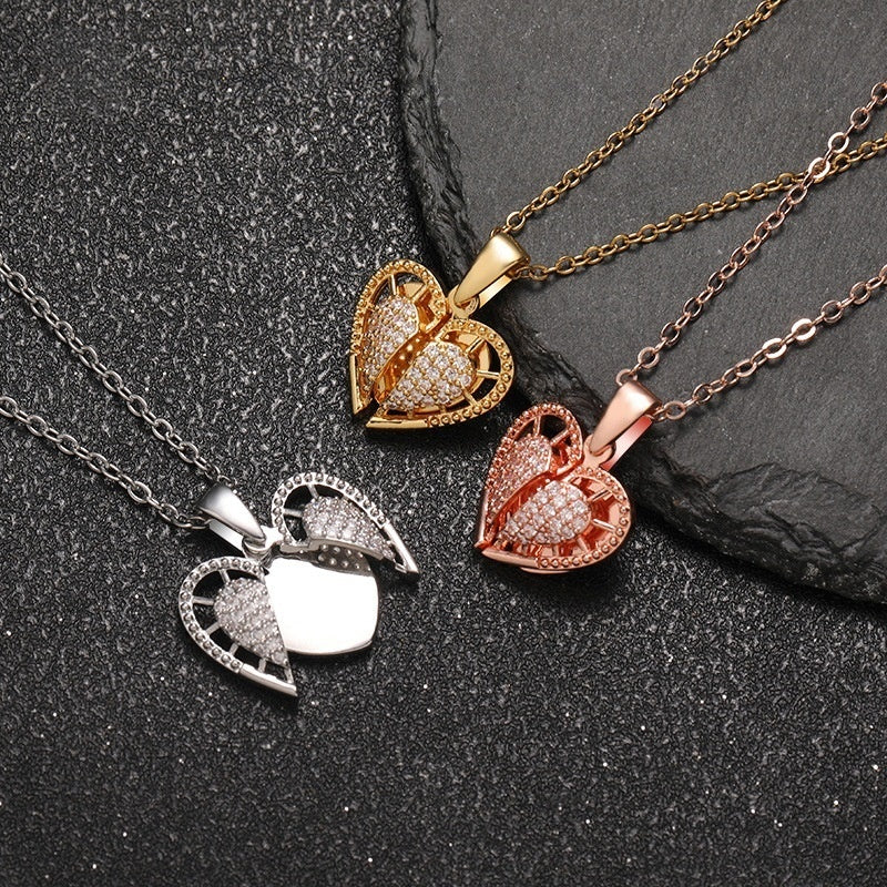 Gold Rose Gold Silver Brass Cubic Zirconia Open Filigree Angel Wing Heart Locket Necklace Personalized Engravable Memorial Jewelry for Women