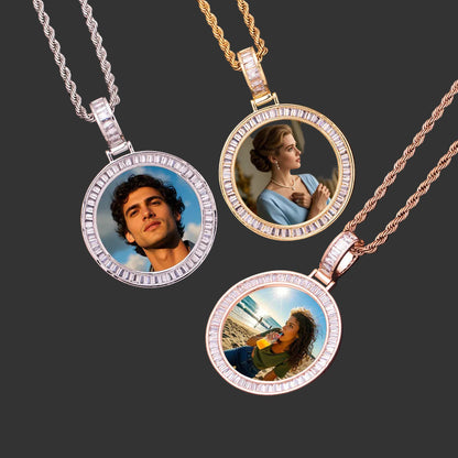 Gold Rose Gold Silver Brass Baguette Cut Cubic Zirconia Full Halo Round Custom Photo Medallion Necklace Unisex Personalized Portrait Memory Jewelry for Men Women