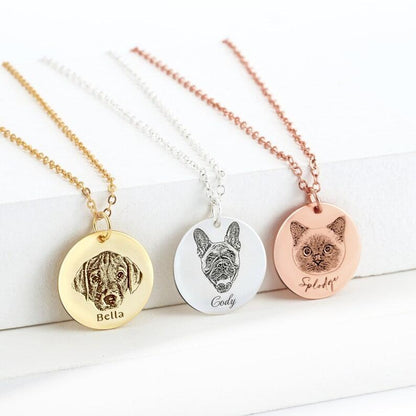 Three-tone custom portrait disc necklace, cat dog engraved pendant in gold silver rose gold for memory keepsake
