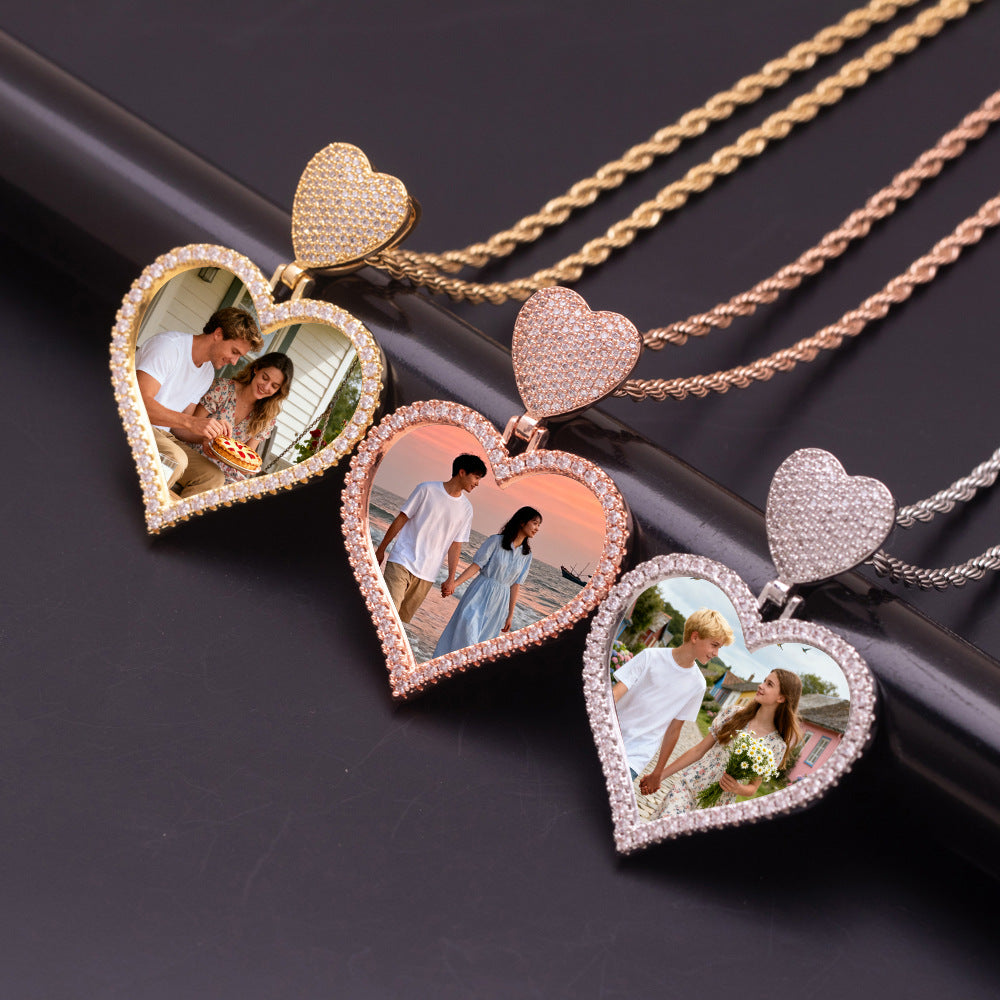 Gold Rose Gold Silver Brass Cubic Zirconia Halo Dual Stacked Heart Custom Photo Pendant Necklace Romantic Couple Memory Jewelry for Women