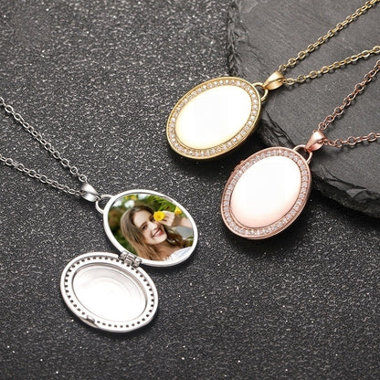 Gold Rose Gold Silver Brass Cubic Zirconia Rim Oval Open Photo Locket Necklace Custom Picture Memory Keepsake Jewelry for Women