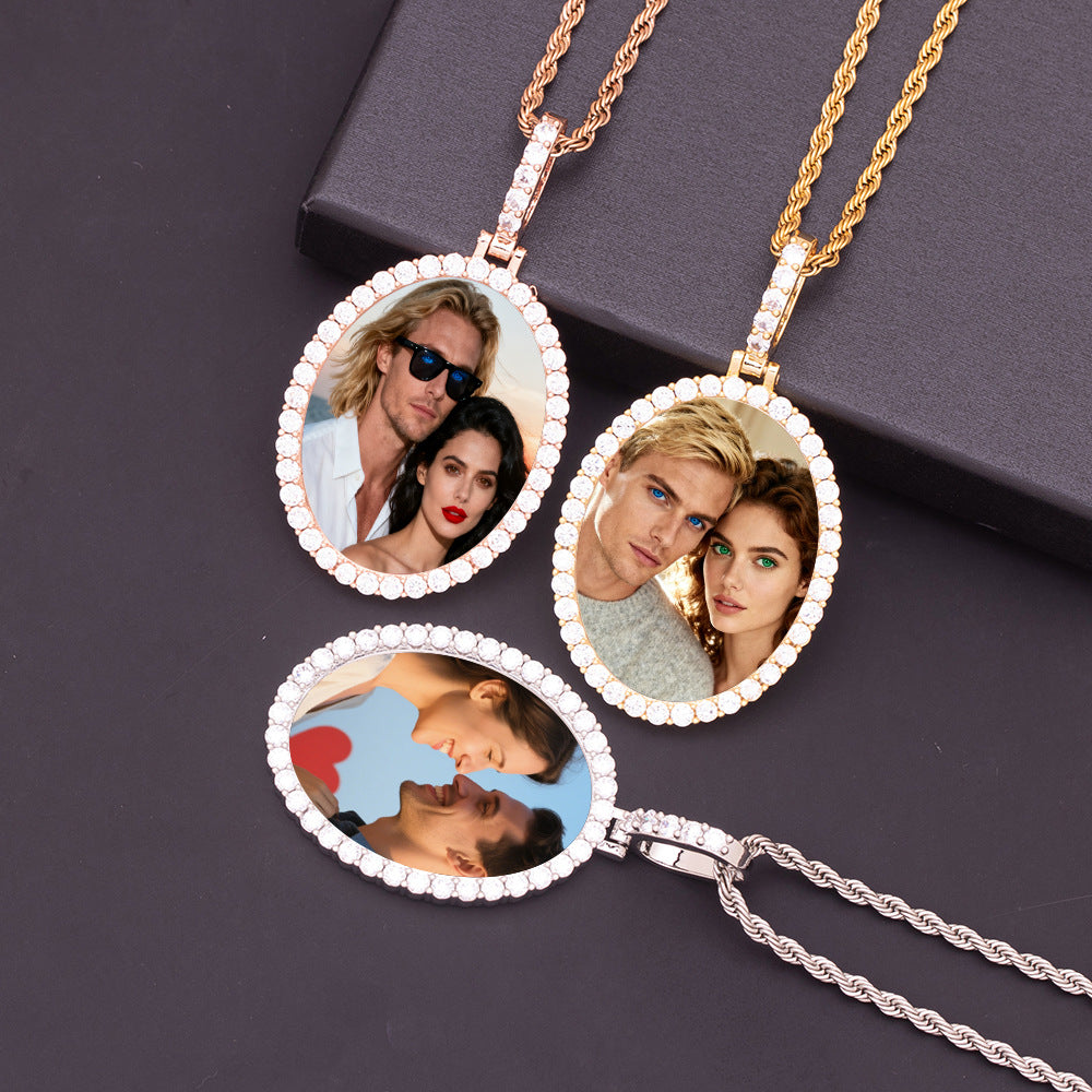 Gold Rose Gold Silver Brass Pave Round Cubic Zirconia Halo Oval Custom Photo Pendant Necklace Women Personalized Portrait Sentimental Memory Jewelry