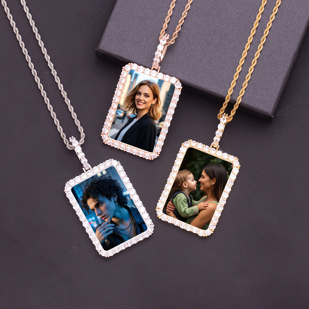 Gold Rose Gold Silver Brass Cubic Zirconia Halo Border Rectangular Custom Photo Dog Tag Necklace Unisex Personalized Portrait Memorial Jewelry for Men Women