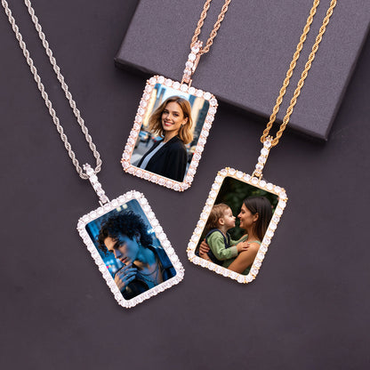 Gold Rose Gold Silver Brass Cubic Zirconia Halo Border Rectangular Custom Photo Dog Tag Necklace Unisex Personalized Portrait Memorial Jewelry for Men Women