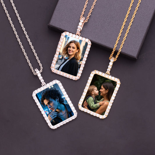 Gold Rose Gold Silver Brass Cubic Zirconia Halo Border Rectangular Custom Photo Dog Tag Necklace Unisex Personalized Portrait Memorial Jewelry for Men Women