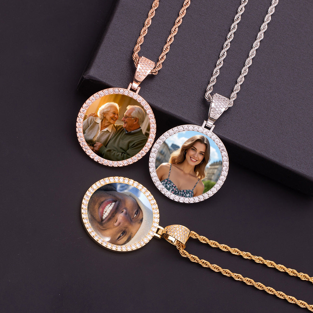 Gold Rose Gold Silver Brass Full Cubic Zirconia Halo Round Custom Photo Pendant Necklace Unisex Personalized Portrait Memory Keepsake Jewelry