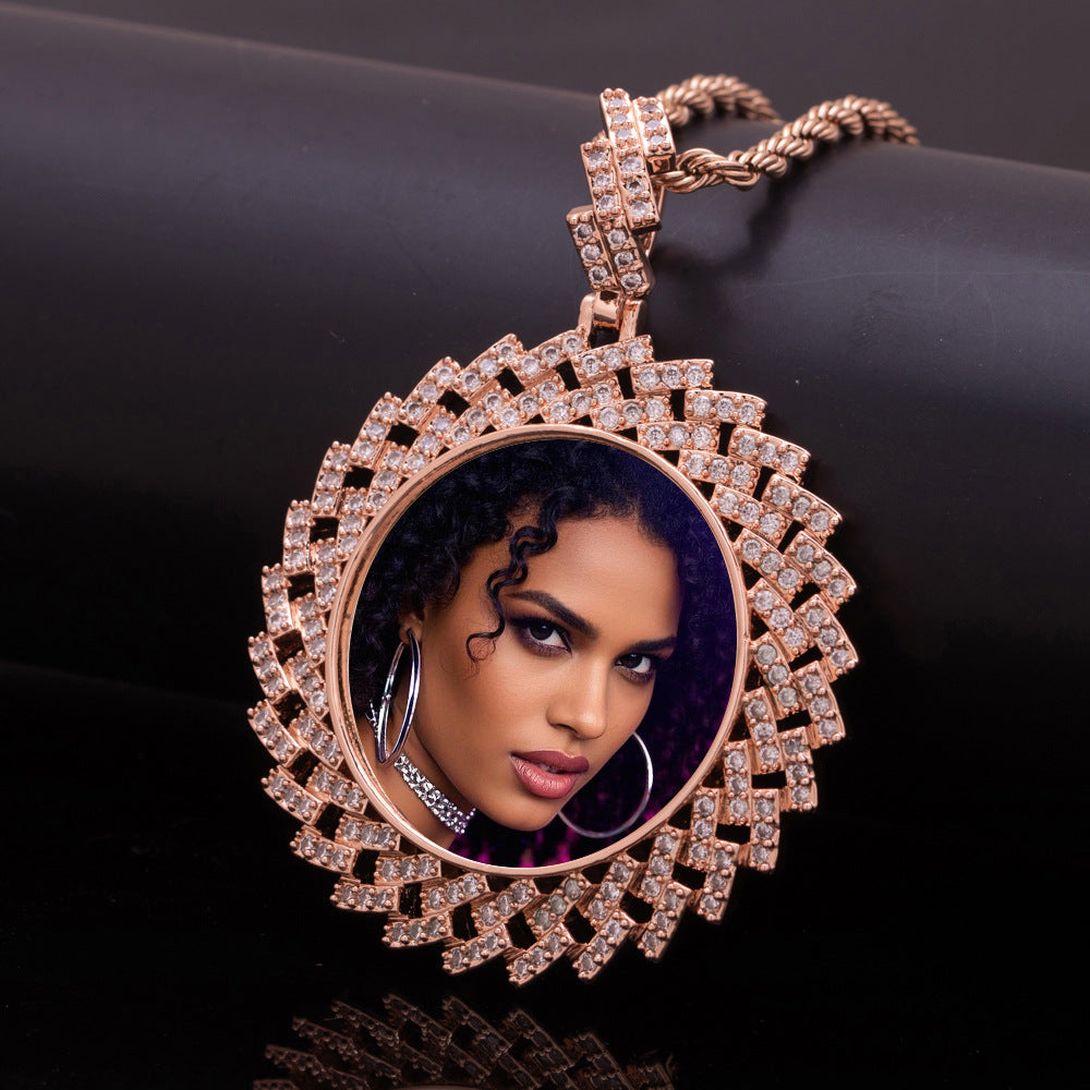 44MM Geometric Sunburst CZ Custom Photo Medallion Necklace Picture Pendant