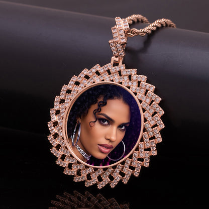 44MM Geometric Sunburst CZ Custom Photo Medallion Necklace Picture Pendant