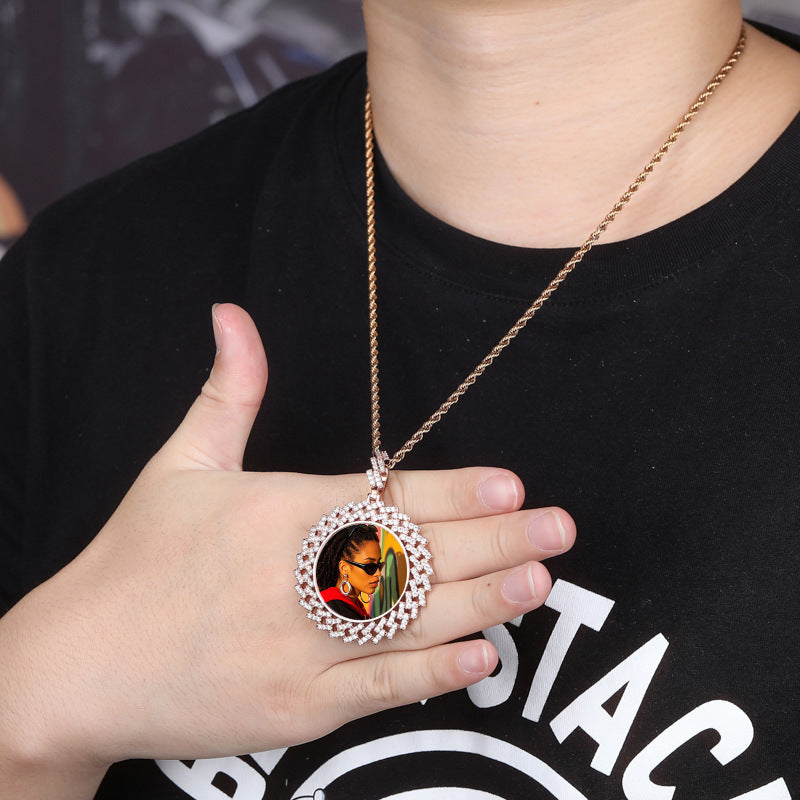 44MM Geometric Sunburst CZ Custom Photo Medallion Necklace Picture Pendant