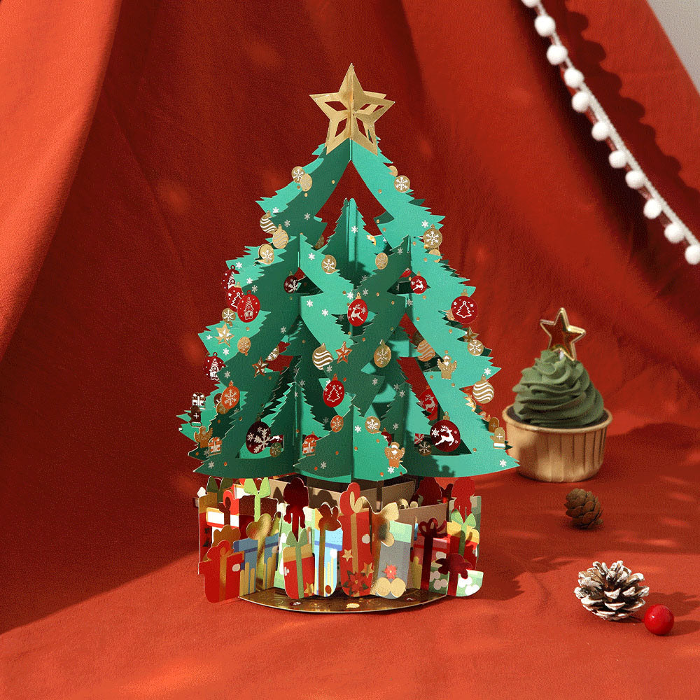 3D Christmas Tree Pop Up Card with golden star and gift box base holiday greeting card