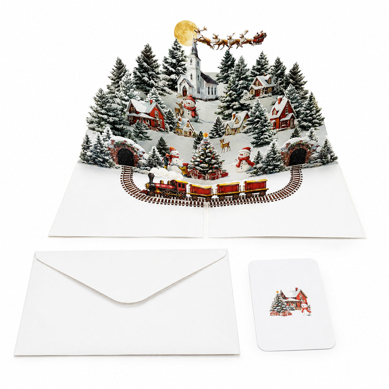 3D Christmas Village Train Pop Up Card with matching envelope and note card