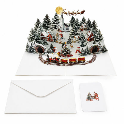 3D Christmas Village Train Pop Up Card with matching envelope and note card