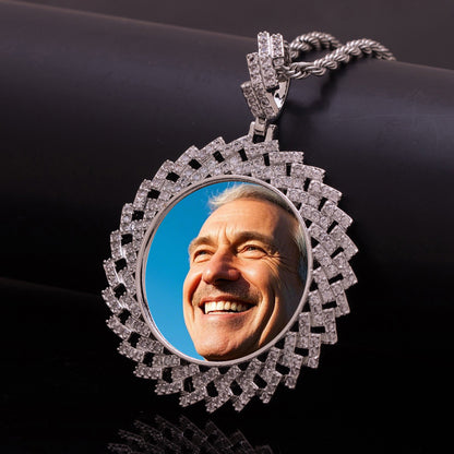 44MM Geometric Sunburst CZ Custom Photo Medallion Necklace Picture Pendant
