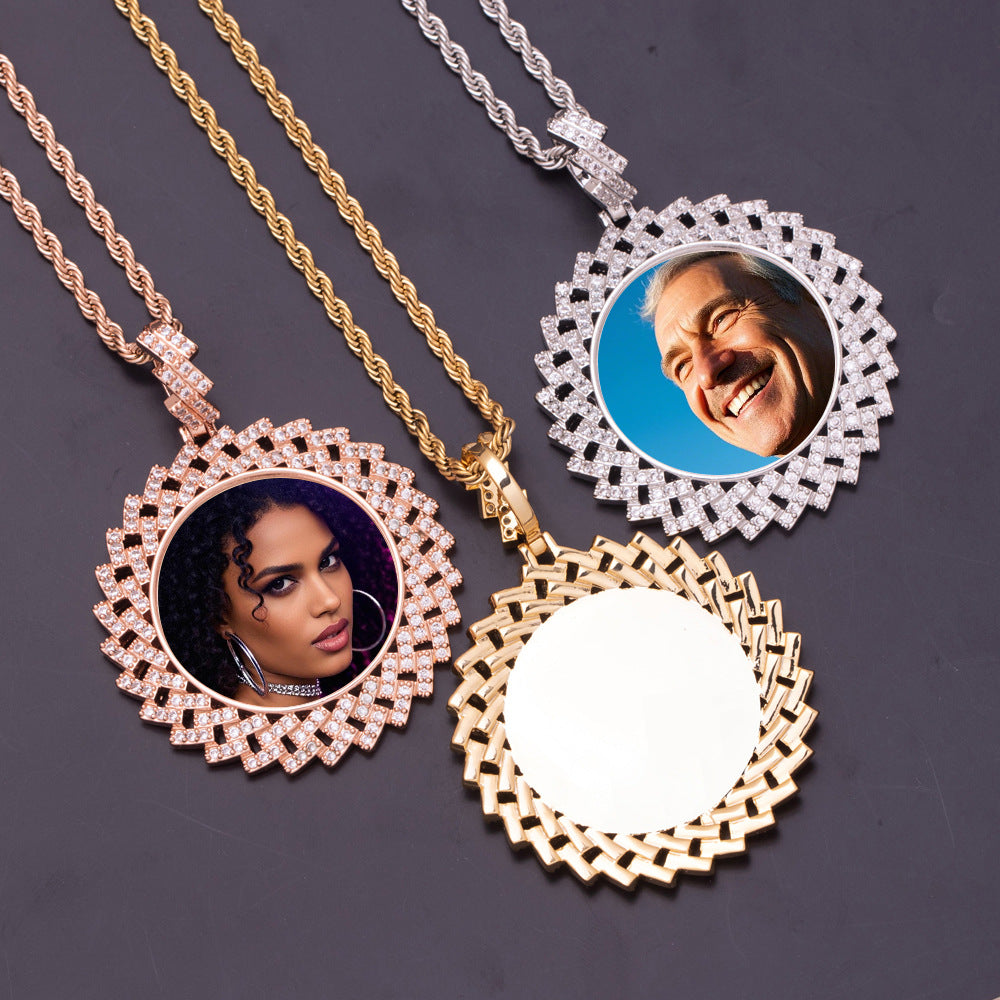 44MM Geometric Sunburst CZ Custom Photo Medallion Necklace Picture Pendant